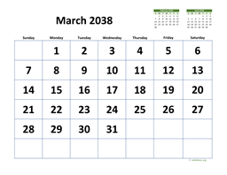 March 2038 Calendar with Extra-large Dates