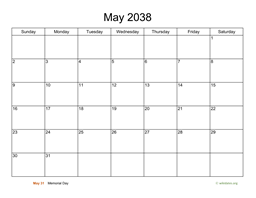Basic Calendar for May 2038
