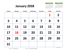 Monthly 2038 Calendar with Extra-large Dates