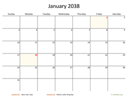 Monthly 2038 Calendar with Bigger boxes