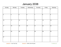 Monthly Basic Calendar for 2038
