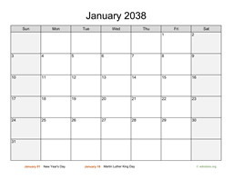 Monthly 2038 Calendar with Weekend Shaded