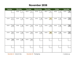 November 2038 Calendar with Day Numbers