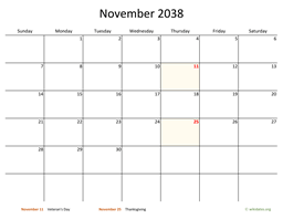 November 2038 Calendar with Bigger boxes