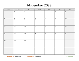 November 2038 Calendar with Weekend Shaded