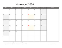 November 2038 Calendar with Notes