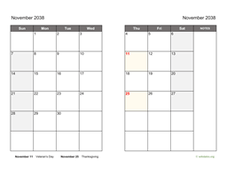 November 2038 Calendar on two pages