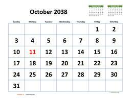 October 2038 Calendar with Extra-large Dates