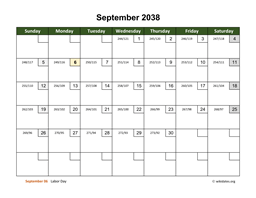 September 2038 Calendar with Day Numbers