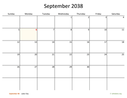 September 2038 Calendar with Bigger boxes
