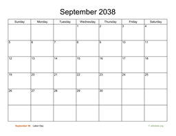 Basic Calendar for September 2038