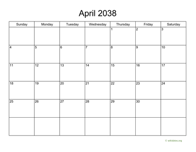 Basic Calendar for April 2038