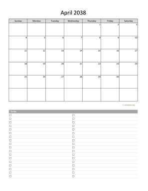 April 2038 Calendar with To-Do List