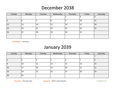 December 2038 and January 2039 Calendar Horizontal