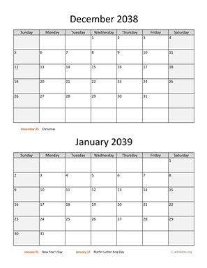 December 2038 and January 2039 Calendar Vertical