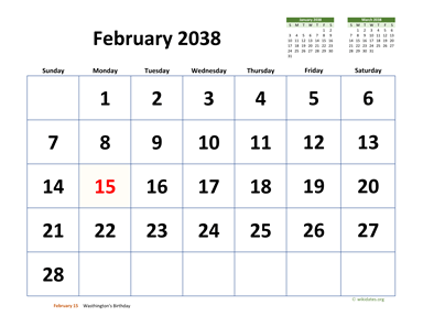 February 2038 Calendar with Extra-large Dates
