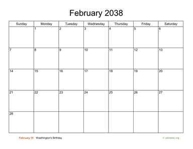 Basic Calendar for February 2038
