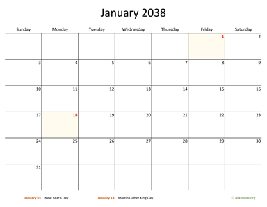 January 2038 Calendar with Bigger boxes