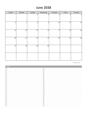 June 2038 Calendar with To-Do List
