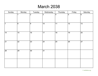 Basic Calendar for March 2038