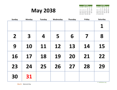 May 2038 Calendar with Extra-large Dates