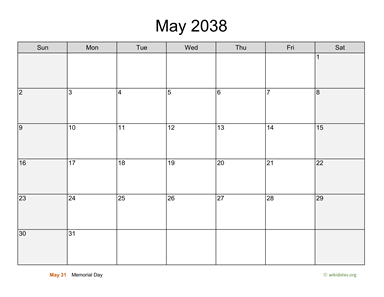 May 2038 Calendar with Weekend Shaded