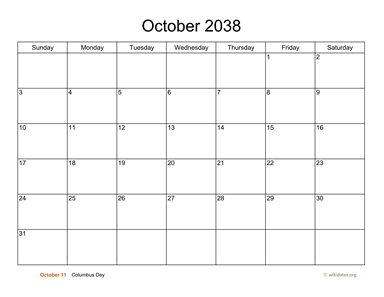 Basic Calendar for October 2038