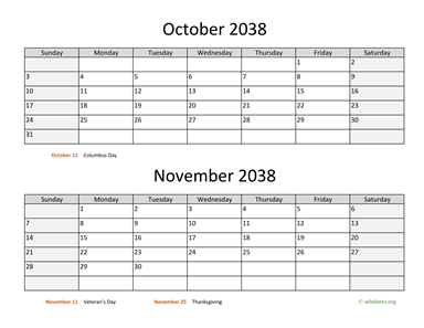 October and November 2038 Calendar Horizontal
