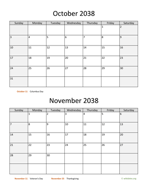 October and November 2038 Calendar Vertical
