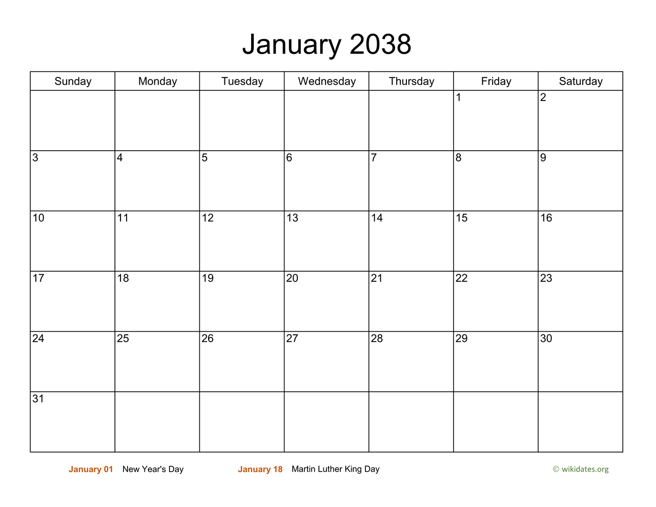 Monthly Basic Calendar for 2038