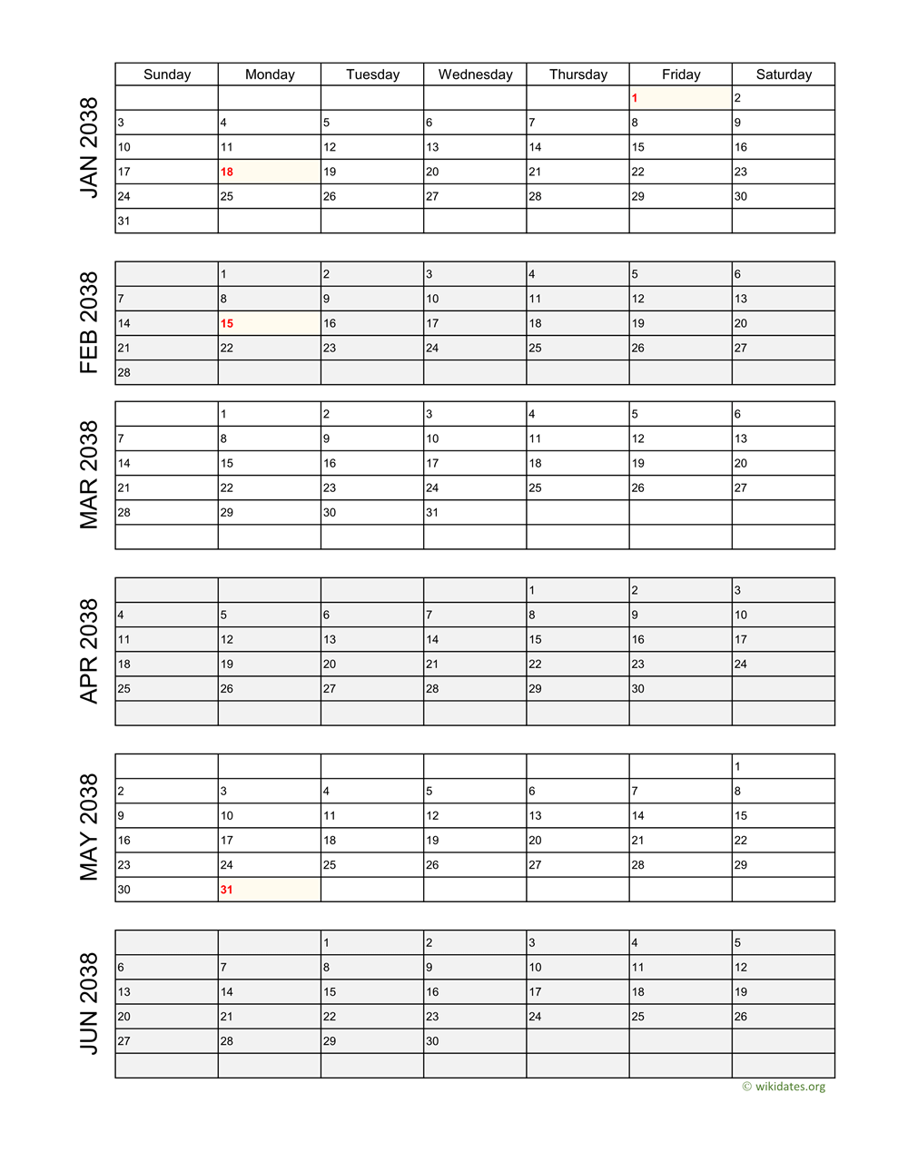 Printable 2038 Calendar | WikiDates.org