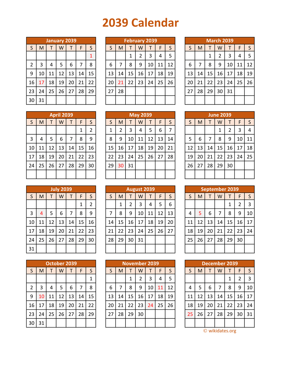 Full Year 2039 Calendar on one page
