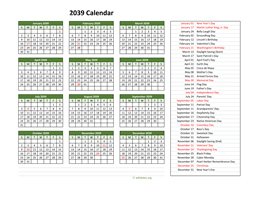 2039 Calendar with US Holidays