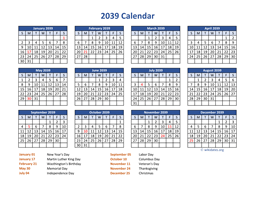 PDF Calendar 2039 with Federal Holidays