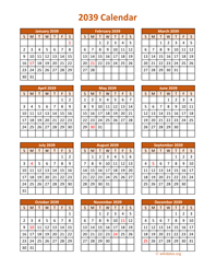 Full Year 2039 Calendar on one page