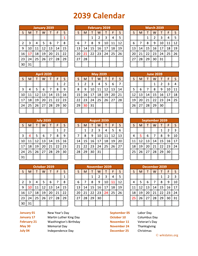 Calendar 2039 Vertical