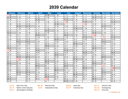 2039 Calendar Horizontal, One Page