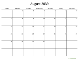 August 2039 Calendar with Bigger boxes