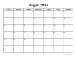 Basic Calendar for August 2039