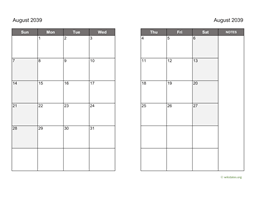 August 2039 Calendar on two pages