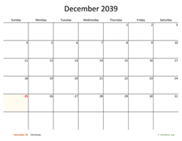 December 2039 Calendar with Bigger boxes