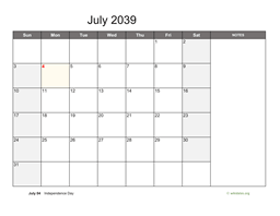 July 2039 Calendar with Notes
