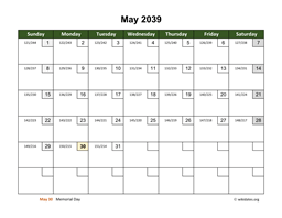 May 2039 Calendar with Day Numbers