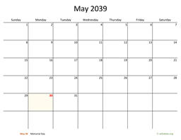 May 2039 Calendar with Bigger boxes