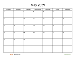 Basic Calendar for May 2039