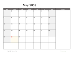 May 2039 Calendar with Notes