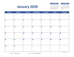 Monthly 2039 Calendar Classic