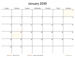 Monthly 2039 Calendar with Bigger boxes