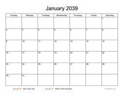 Monthly Basic Calendar for 2039