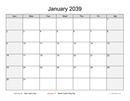 Monthly 2039 Calendar with Weekend Shaded